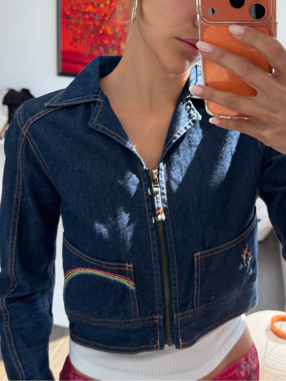 Vintage Tommy Jeans Embroidered Cropped Denim Zip Jacket | Size S